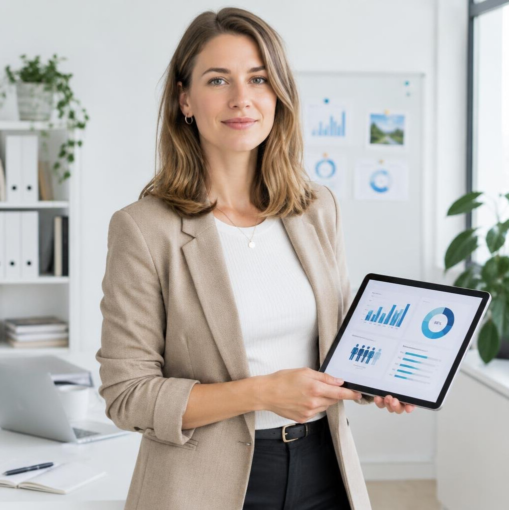 Young researcher analyzing survey data on a tablet in a modern office